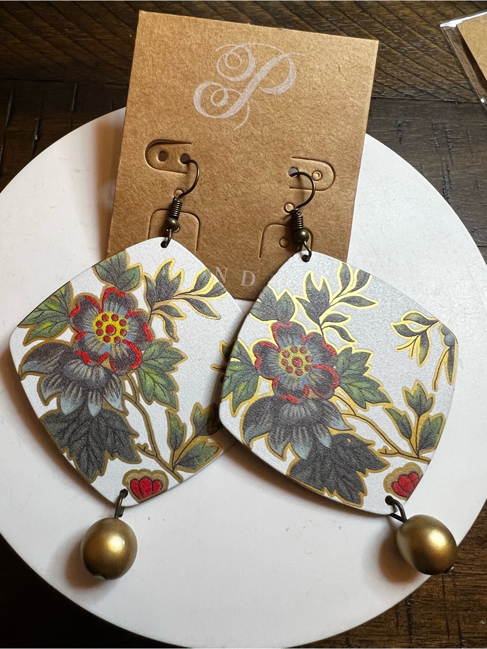 Plunder Botanical Print White and Gold Drop Earrings
